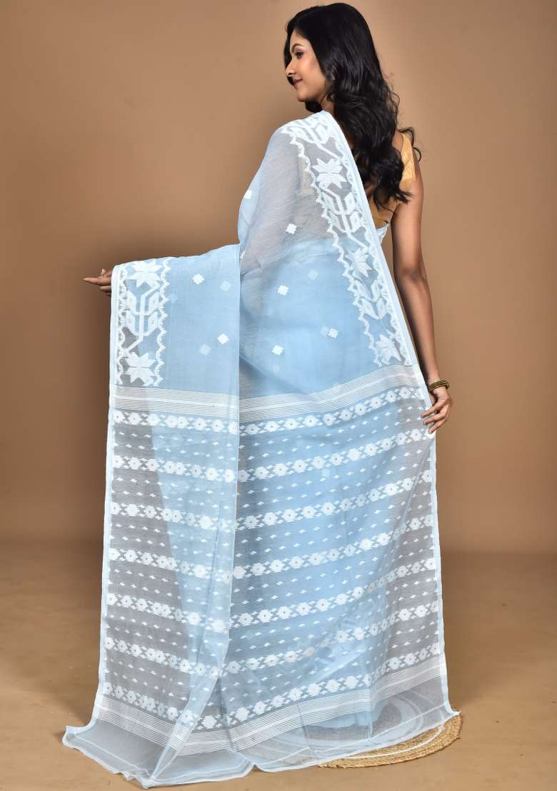 Bright Blue Handloom Pure Cotton Saree Set - Indya