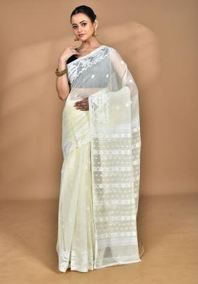 Cream Handloom Pure Cotton Saree Set