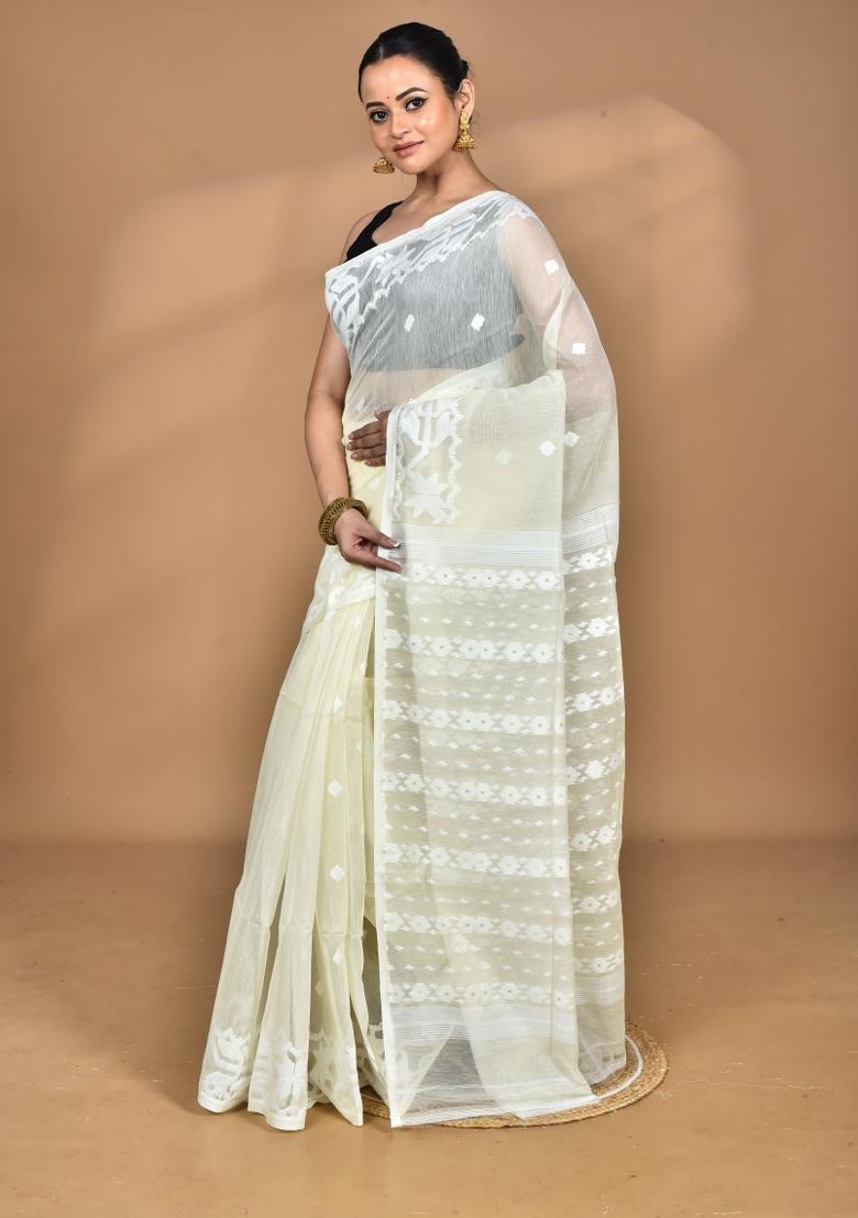 Cream Handloom Pure Cotton Saree Set