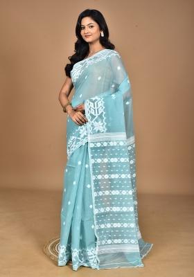 Turquoise Blue Handloom Pure Cotton Saree Set