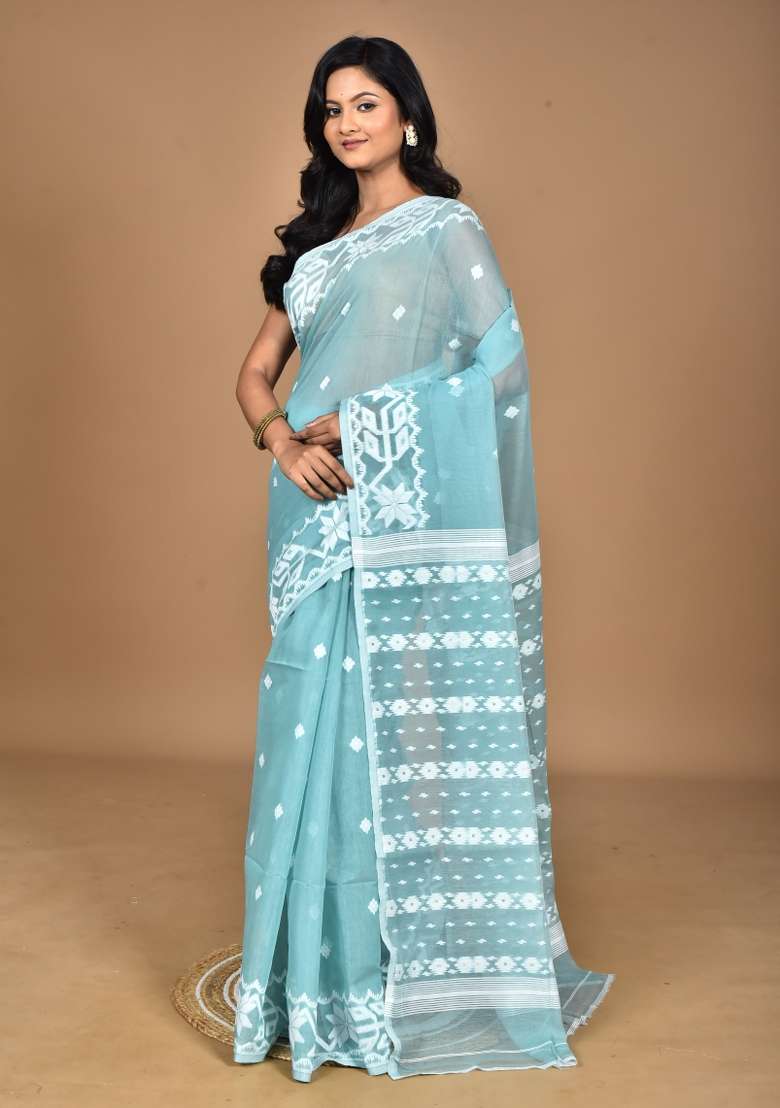 Turquoise Blue Handloom Pure Cotton Saree Set - Indya