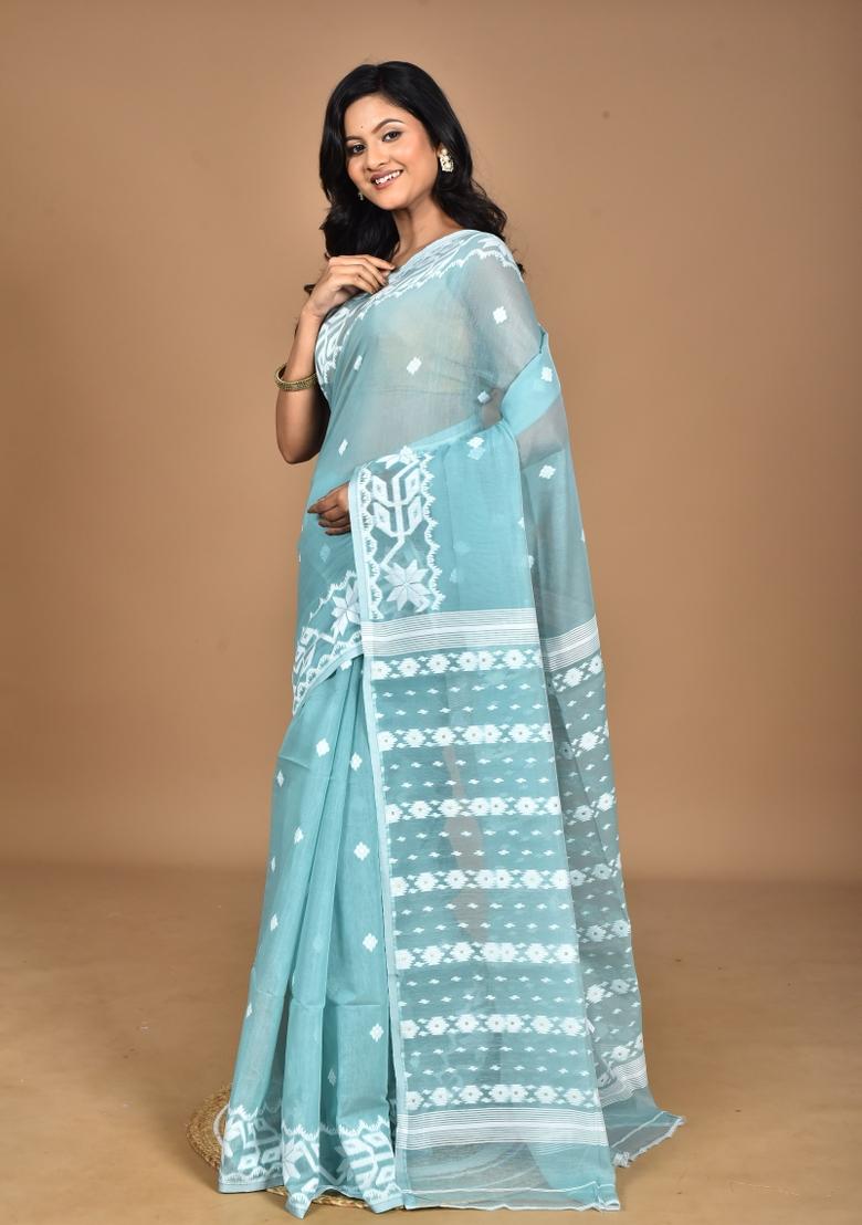 Turquoise Blue Handloom Pure Cotton Saree Set