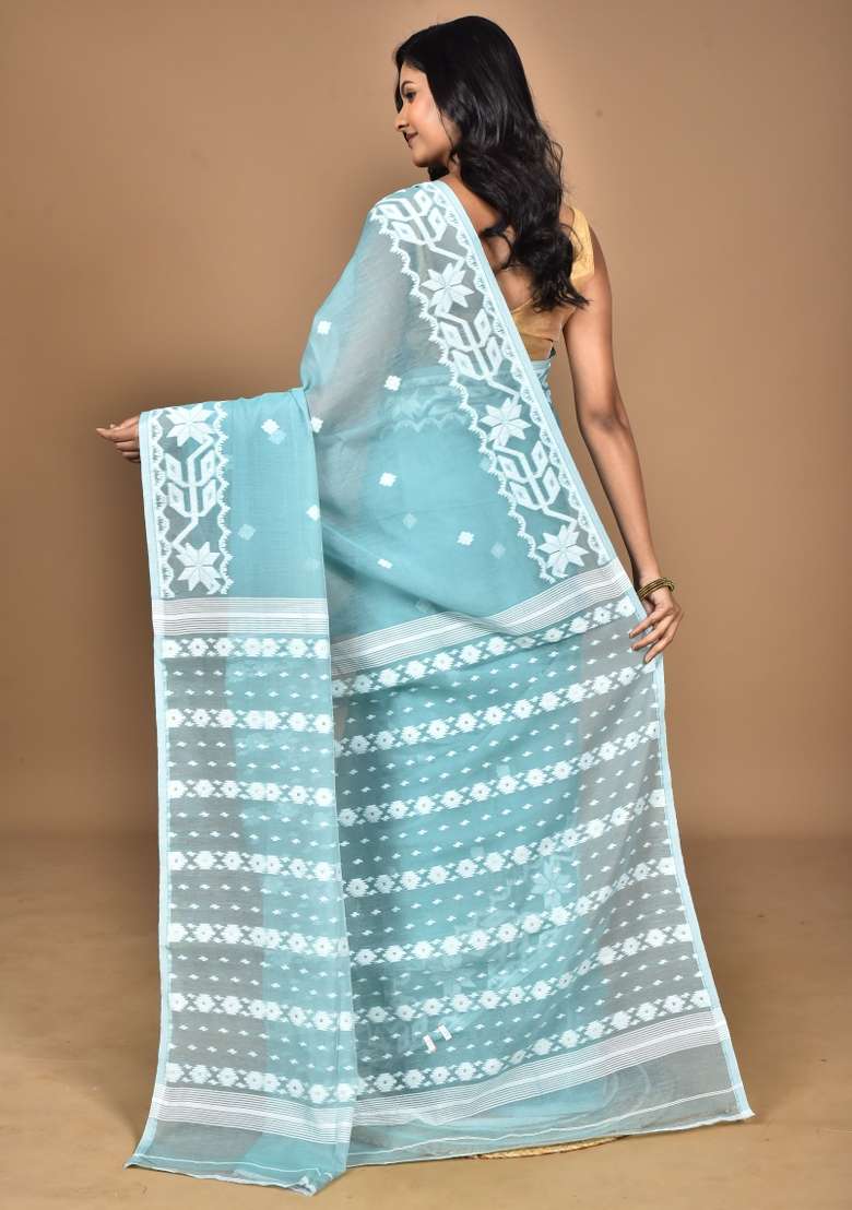 Turquoise Blue Handloom Pure Cotton Saree Set - Indya