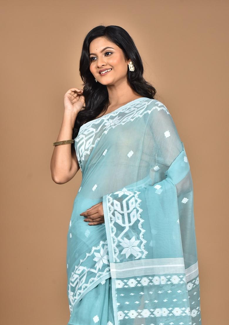 Turquoise Blue Handloom Pure Cotton Saree Set