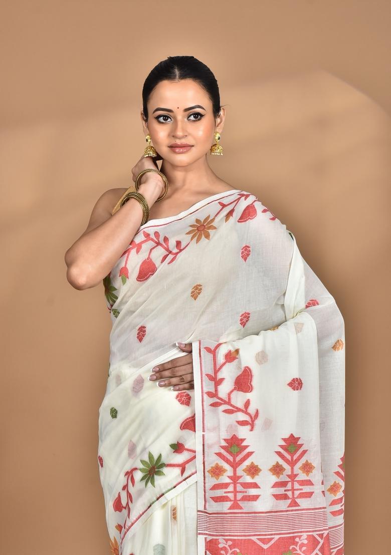 Off White Handloom Pure Cotton Saree Set