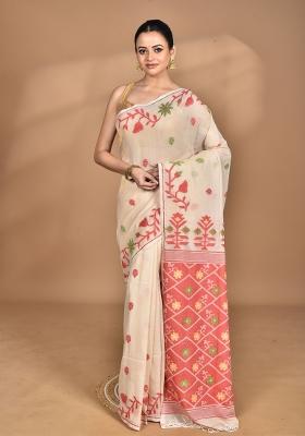 Cream Handloom Pure Cotton Saree Set