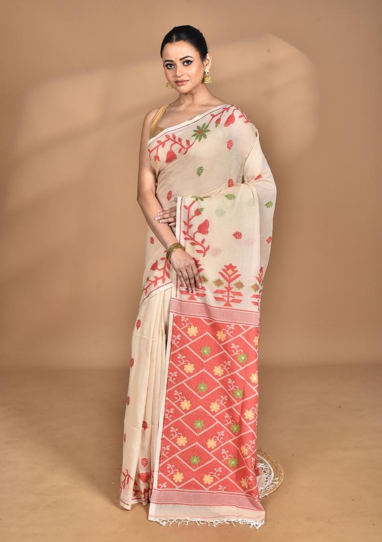 Cream Handloom Pure Cotton Saree Set