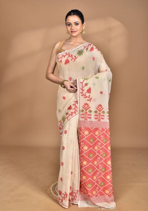 Cream Handloom Pure Cotton Saree Set