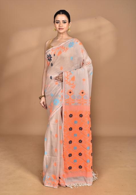 Beige Handloom Pure Cotton Saree Set