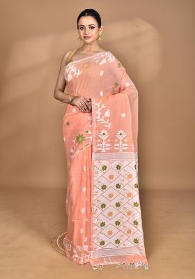 Peach Handloom Pure Cotton Saree Set