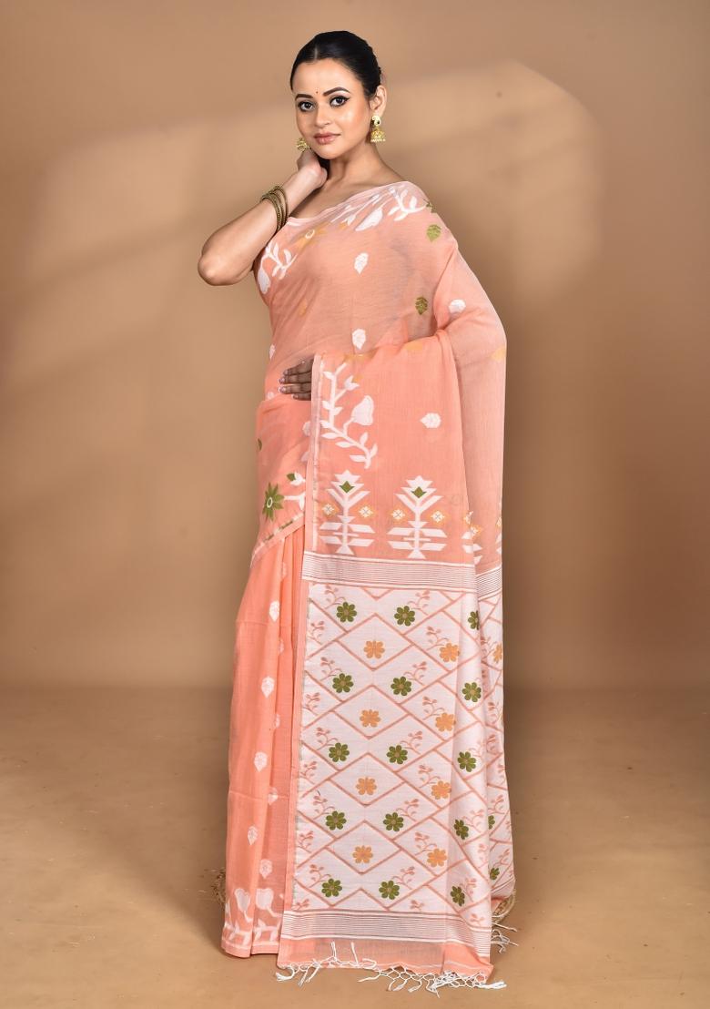 Peach Handloom Pure Cotton Saree Set