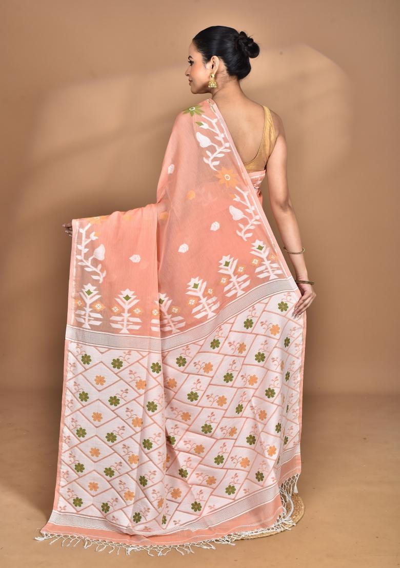 Peach Handloom Pure Cotton Saree Set