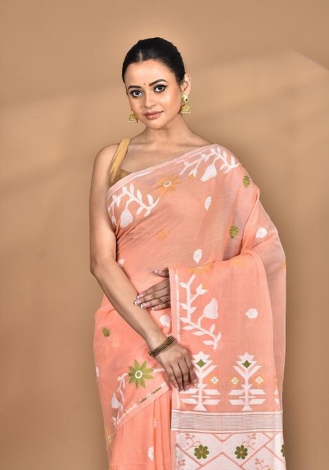 Peach Handloom Pure Cotton Saree Set