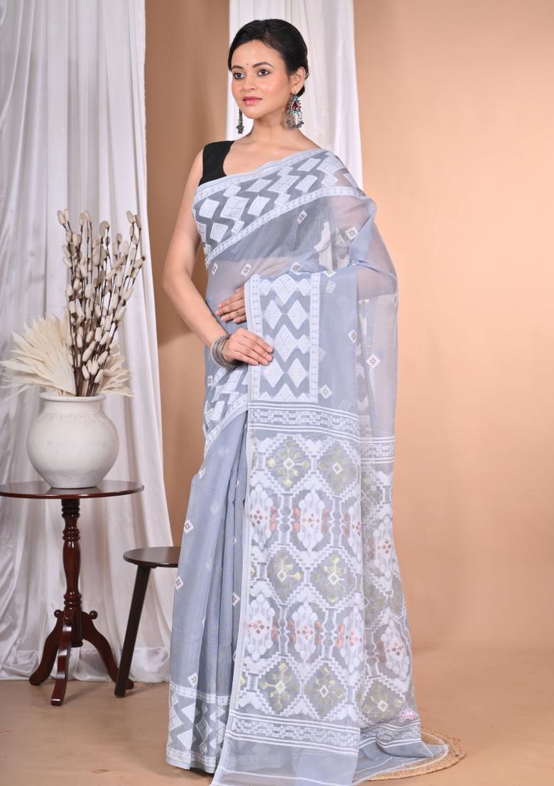 Grey Handloom Pure Cotton Saree Set