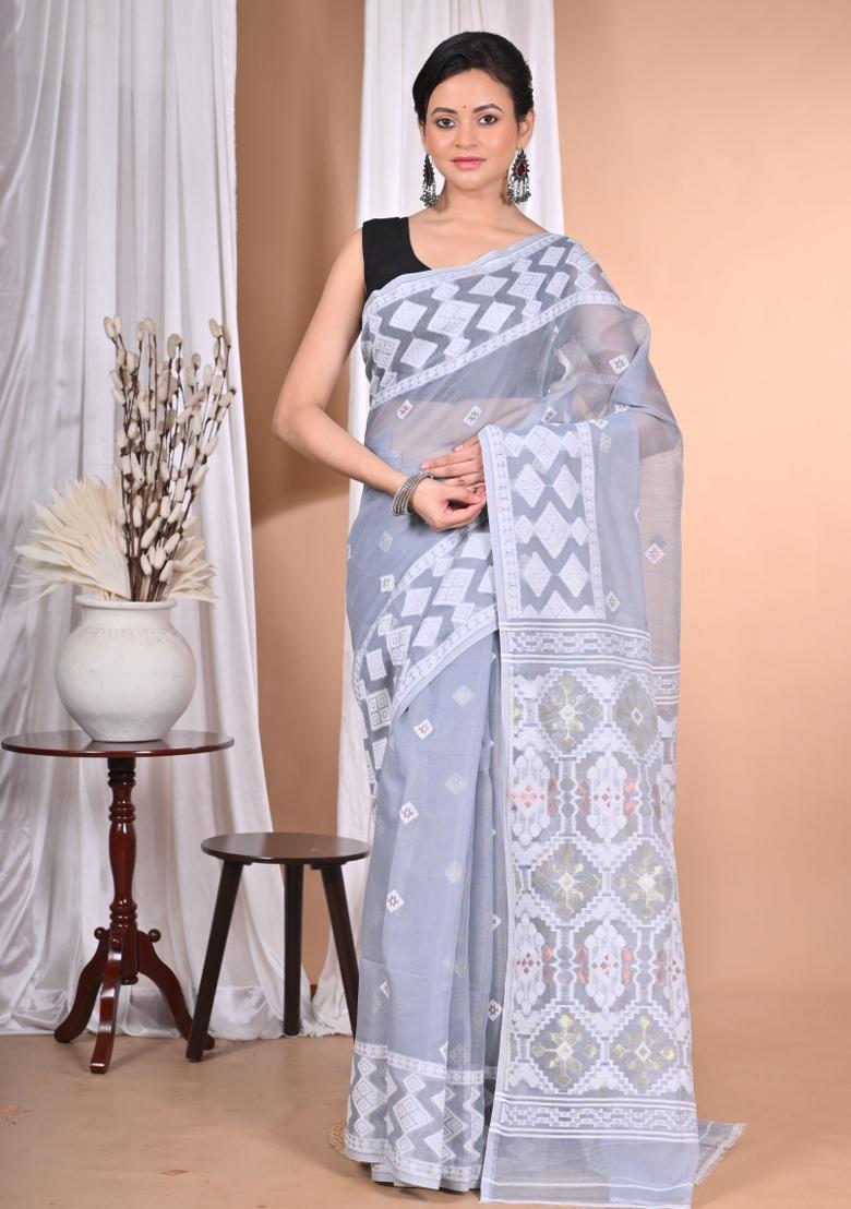 Grey Handloom Pure Cotton Saree Set