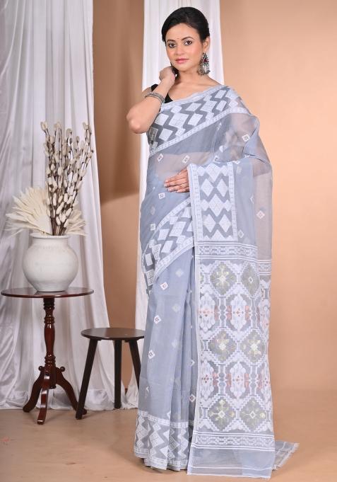 Grey Handloom Pure Cotton Saree Set