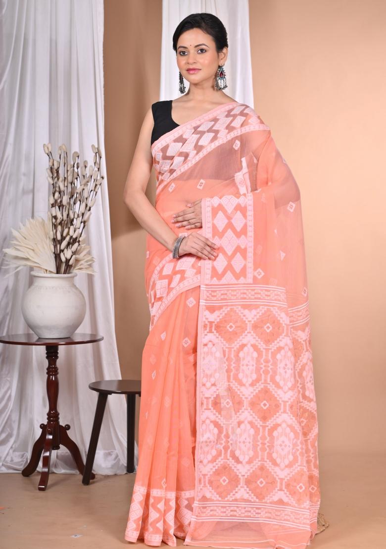 Peach Handloom Pure Cotton Saree Set