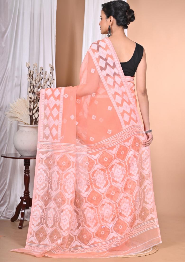 Peach Handloom Pure Cotton Saree Set