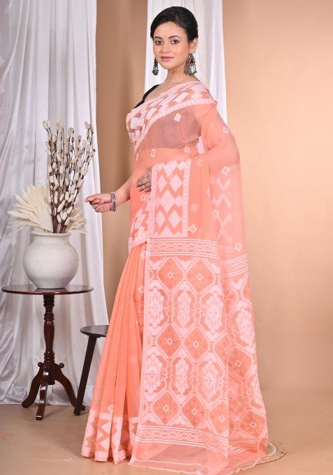 Peach Handloom Pure Cotton Saree Set