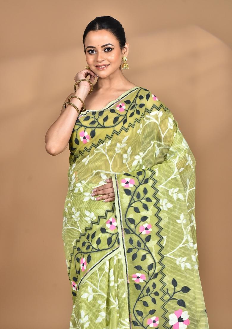 Garden Green Handloom Pure Cotton Saree Set