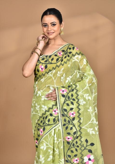 Garden Green Handloom Pure Cotton Saree Set