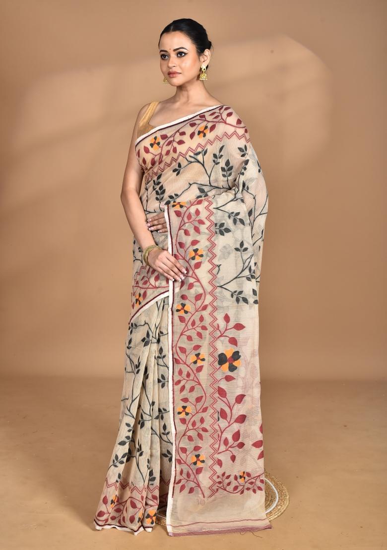 Beige Handloom Pure Cotton Saree Set