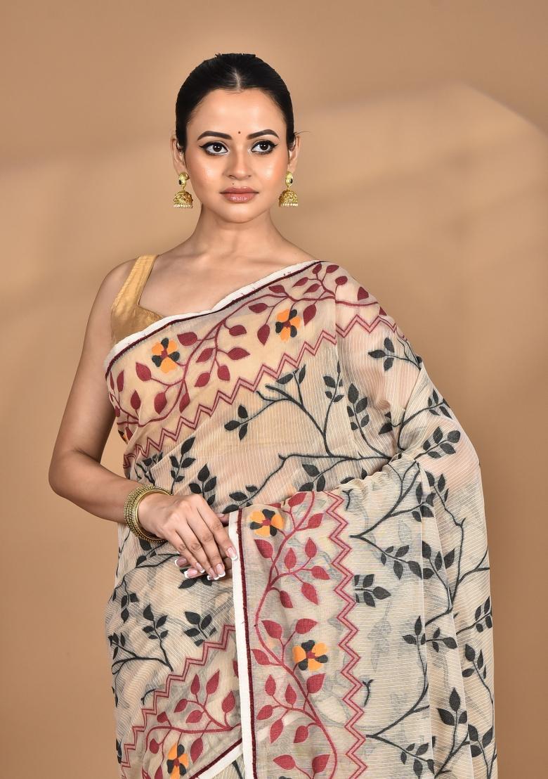 Beige Handloom Pure Cotton Saree Set