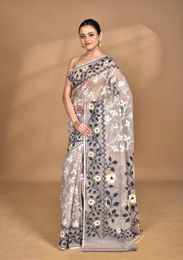 Light Beige Handloom Pure Cotton Saree Set