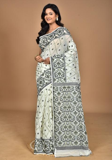 Cream Handloom Pure Cotton Saree Set