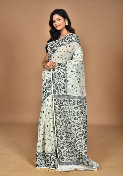 Cream Handloom Pure Cotton Saree Set