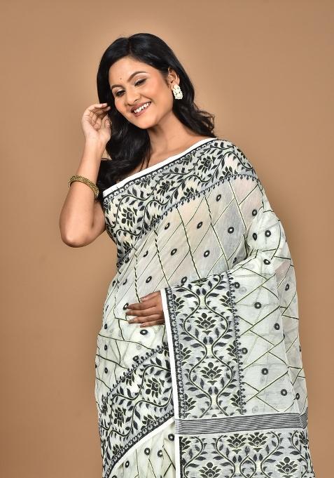 Cream Handloom Pure Cotton Saree Set