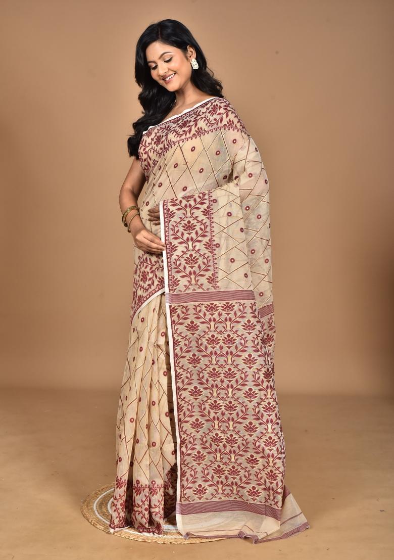 Beige Handloom Pure Cotton Saree Set