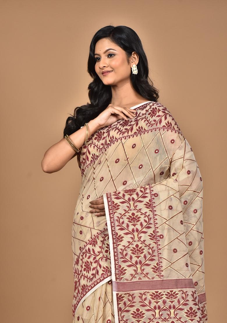 Beige Handloom Pure Cotton Saree Set