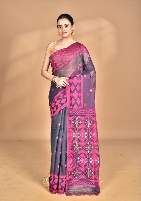 Magenta Handloom Pure Cotton Saree Set