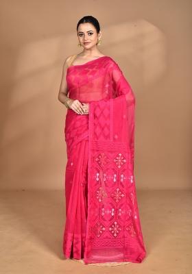 Rani Pink Handloom Pure Cotton Saree Set
