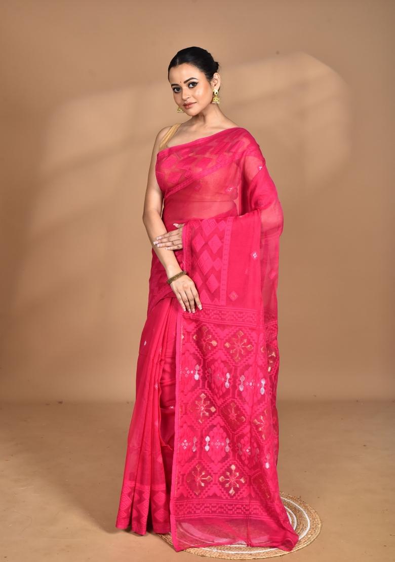 Rani Pink Handloom Pure Cotton Saree Set