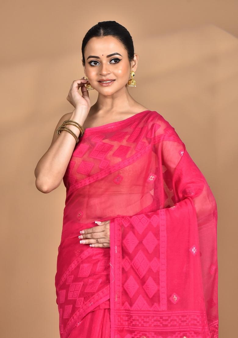 Rani Pink Handloom Pure Cotton Saree Set