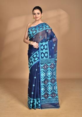 Dark Blue Handloom Pure Cotton Saree Set