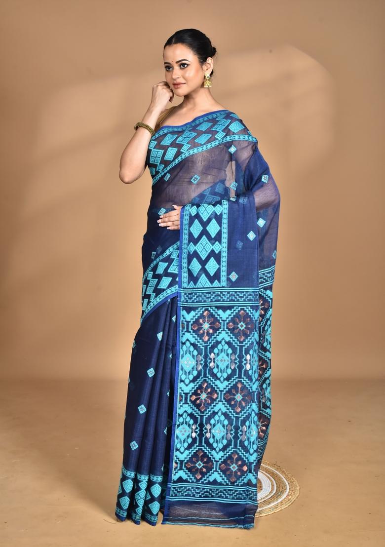 Dark Blue Handloom Pure Cotton Saree Set