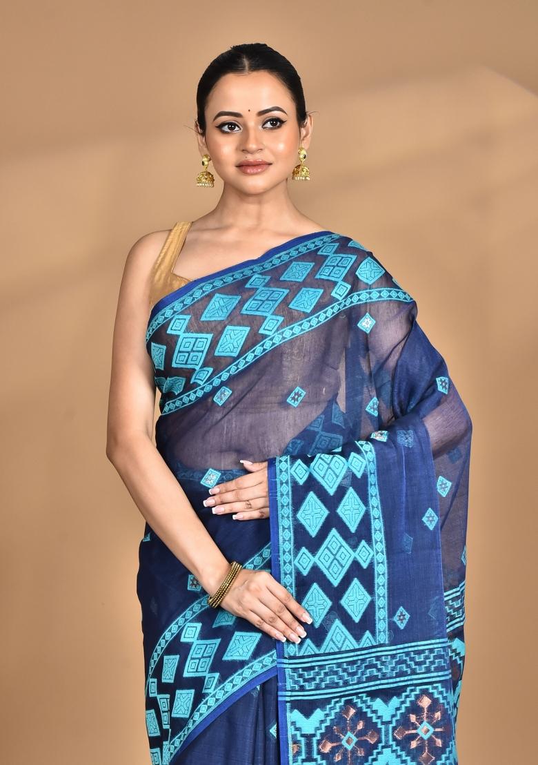 Dark Blue Handloom Pure Cotton Saree Set
