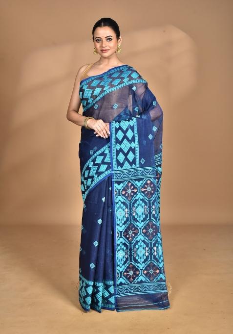 Dark Blue Handloom Pure Cotton Saree Set
