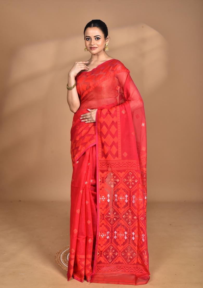 Red Handloom Pure Cotton Saree Set