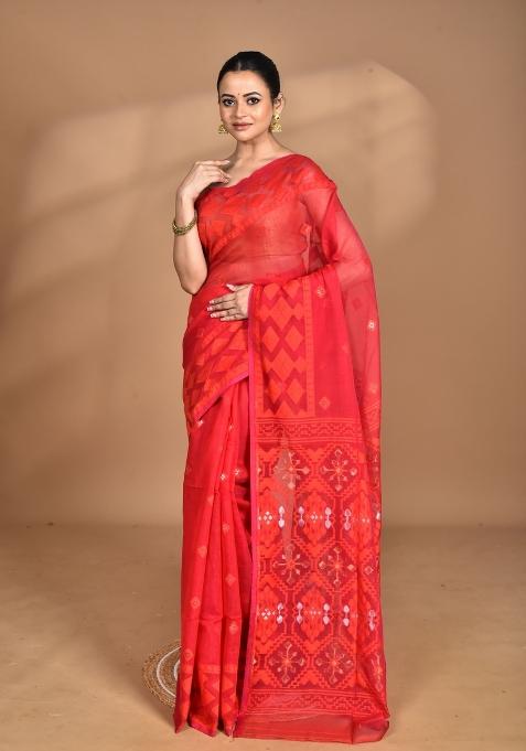 Red Handloom Pure Cotton Saree Set