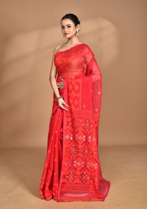 Red Handloom Pure Cotton Saree Set
