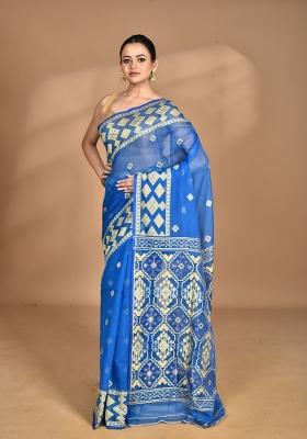 Navy Blue Handloom Pure Cotton Saree Set