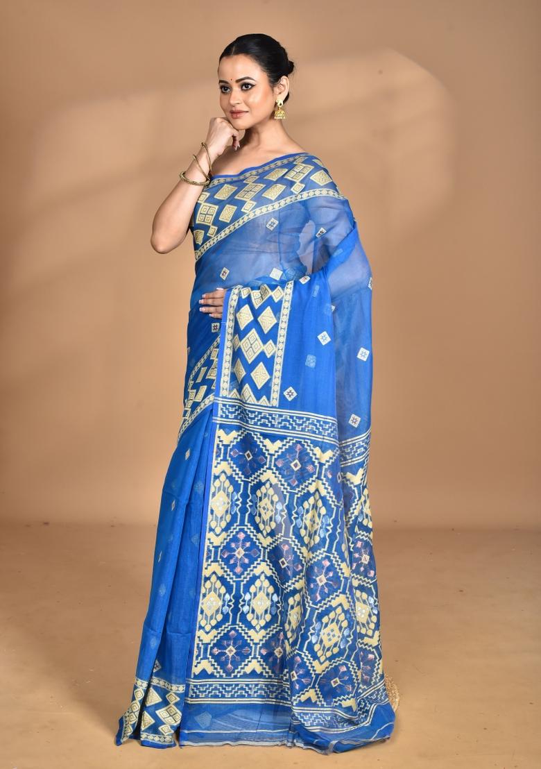 Navy Blue Handloom Pure Cotton Saree Set