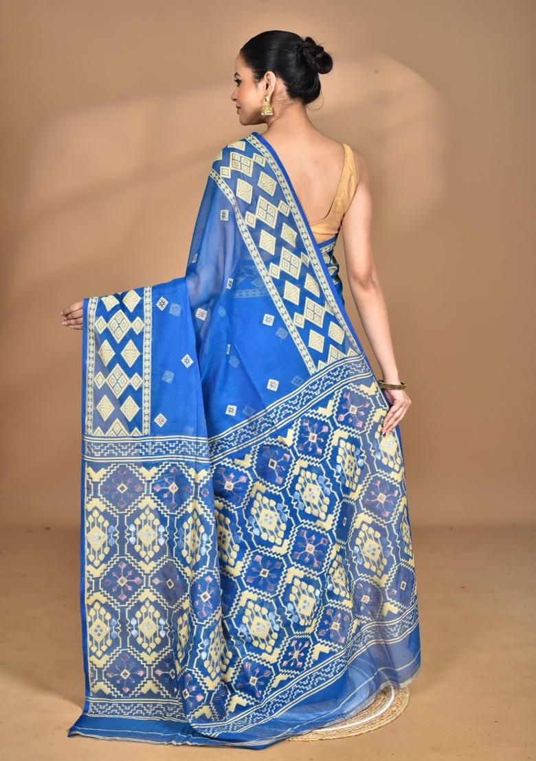 Navy Blue Handloom Pure Cotton Saree Set