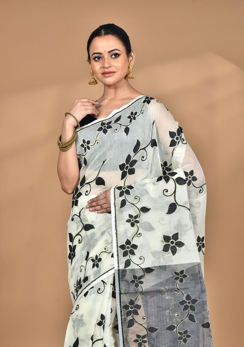 Cream Handloom Pure Cotton Saree Set
