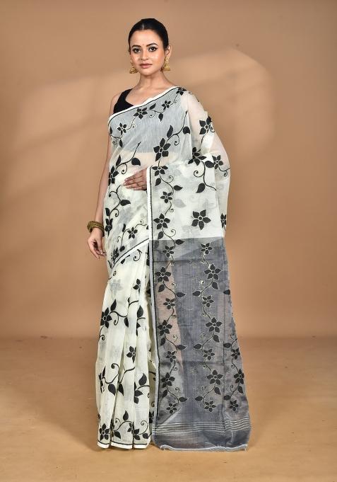 Cream Handloom Pure Cotton Saree Set