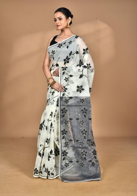 Cream Handloom Pure Cotton Saree Set